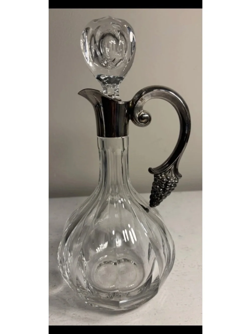 Vintage Crystal Sterling Silver Decanter Grape Cluster Handle